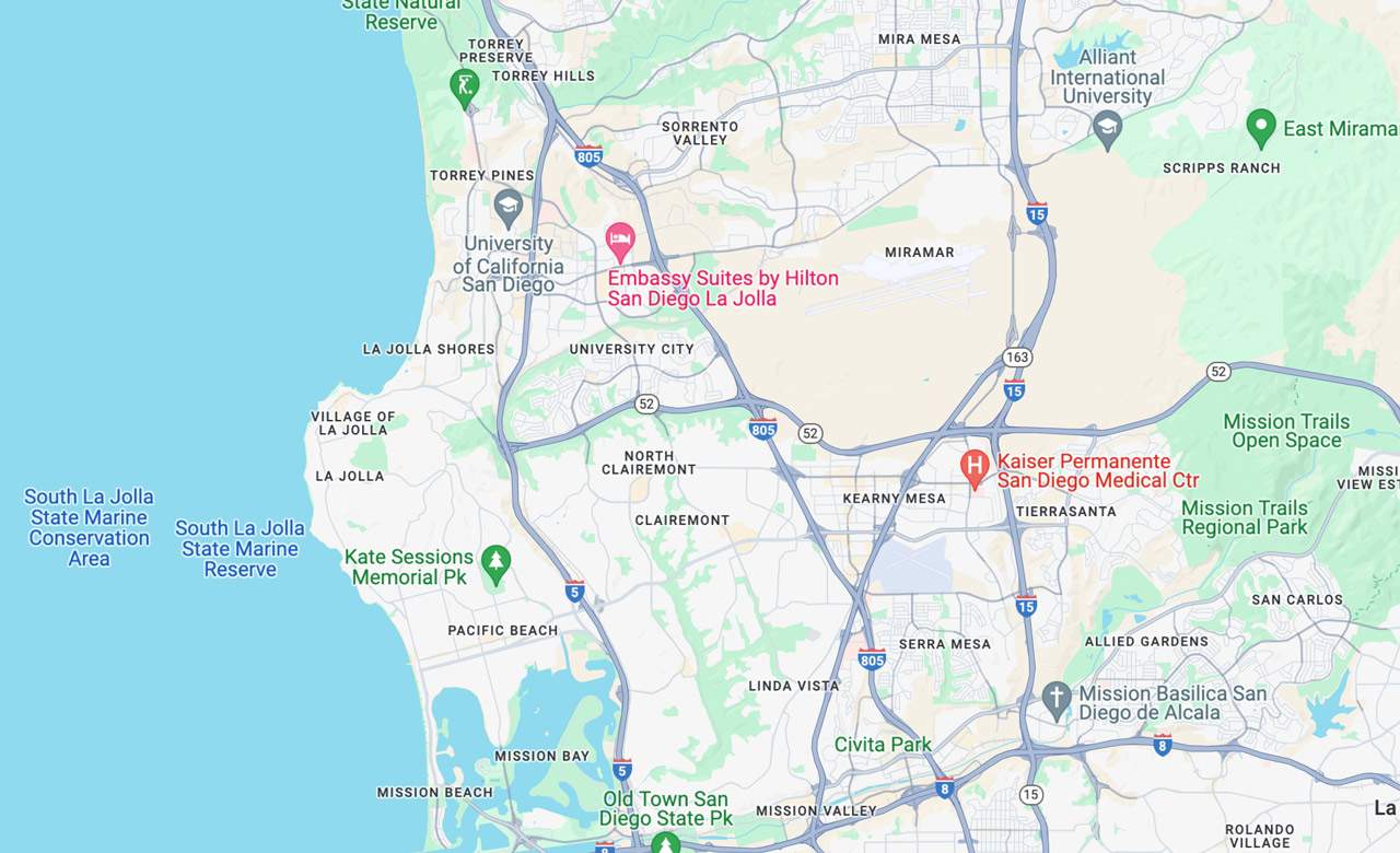 Map showing La Jolla, Mission Bay, Mission Beach and the surrounding area