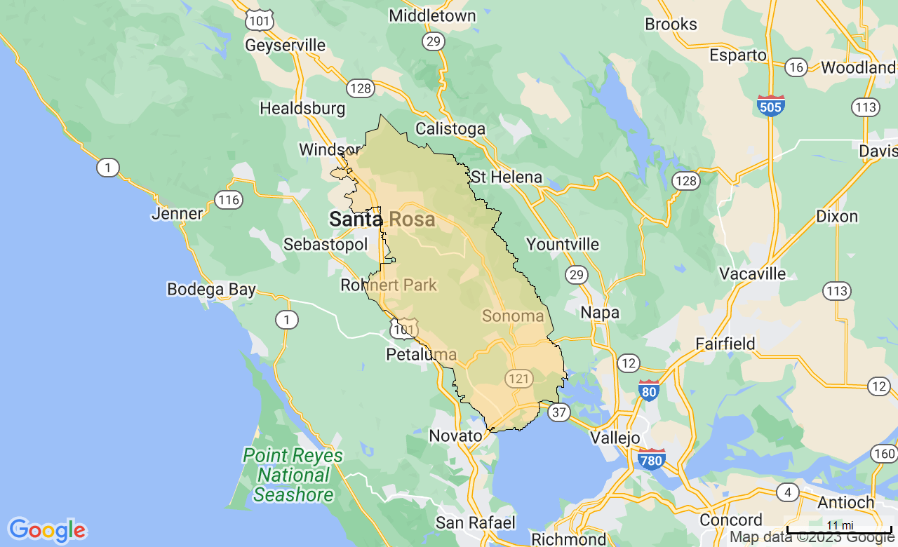 Map of the Sonoma County, CA area